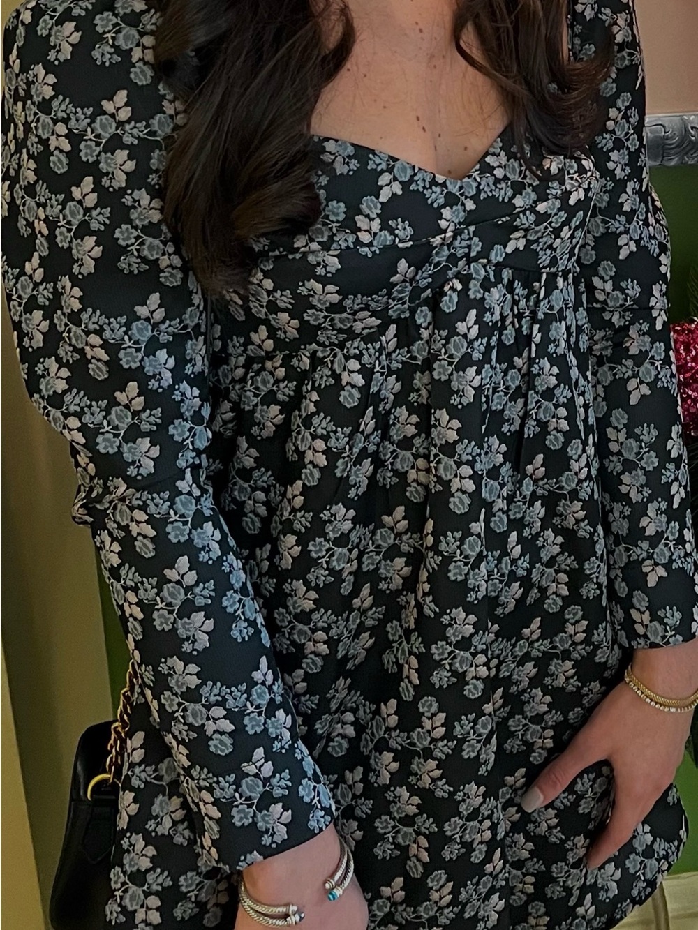 Storia Black Long-Sleeve Floral Empire Dress with White Print